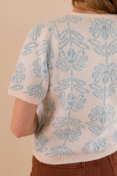 Light Blue Floral Cardigan- Short Sleeve Floral Cardigan- &Merci Floral Short Sleeve Cardigan