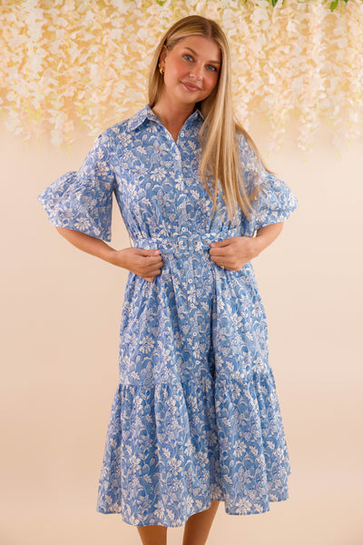 Blue and White Floral Dress- Women's Belted Midi Dress- Coastal Dresses