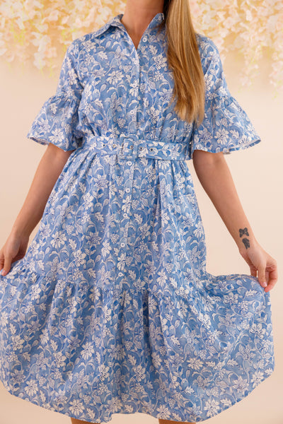 Blue and White Floral Dress- Women's Belted Midi Dress- Coastal Dresses