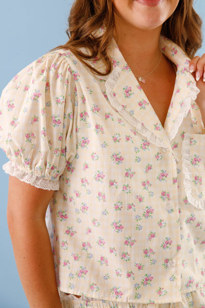 Women's Yellow Gingham Pajama Top- Floral Print Pajama Set- Women's Pajama Short Set