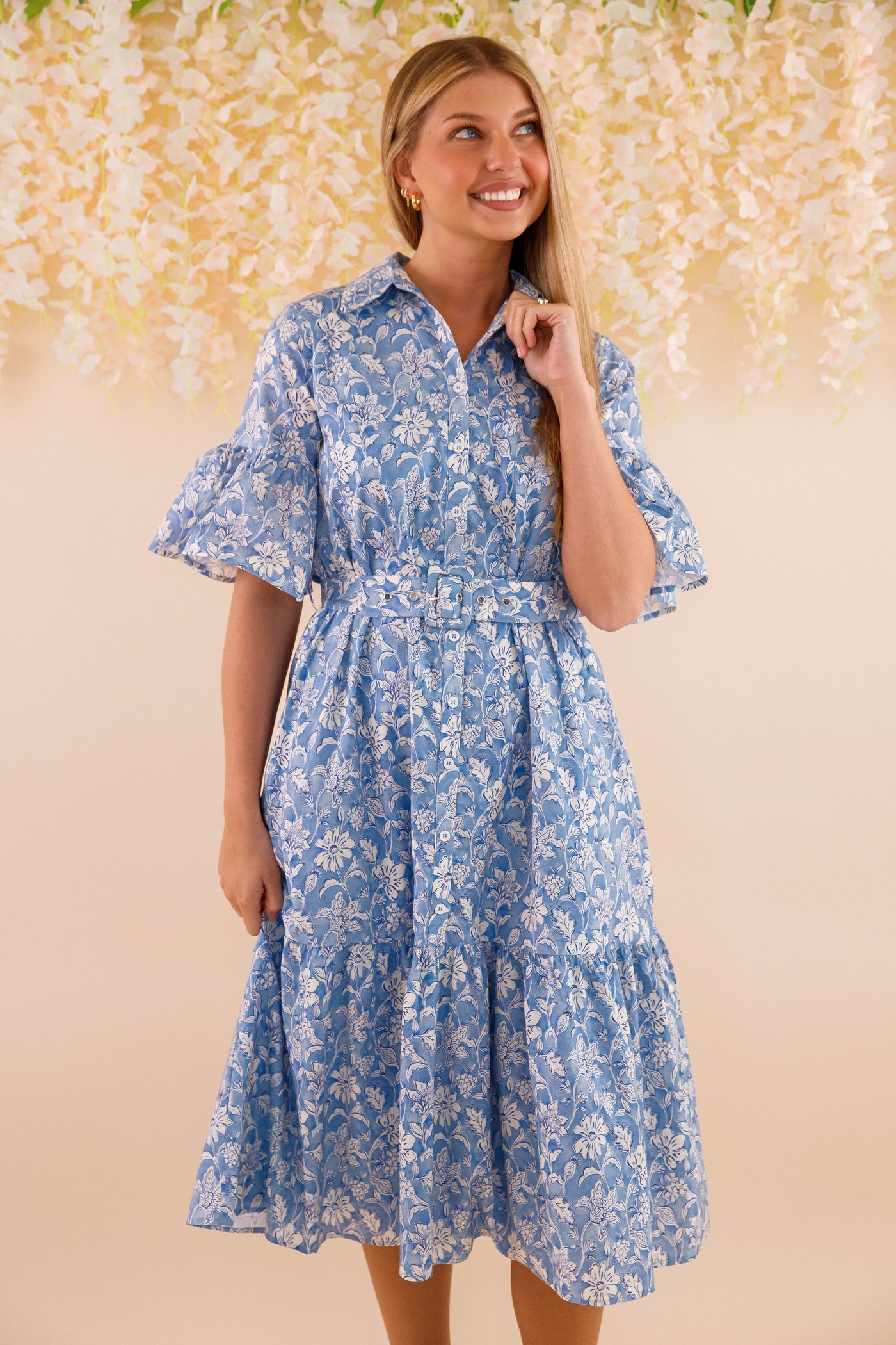 Blue and White Floral Dress- Women's Belted Midi Dress- Coastal Dresses