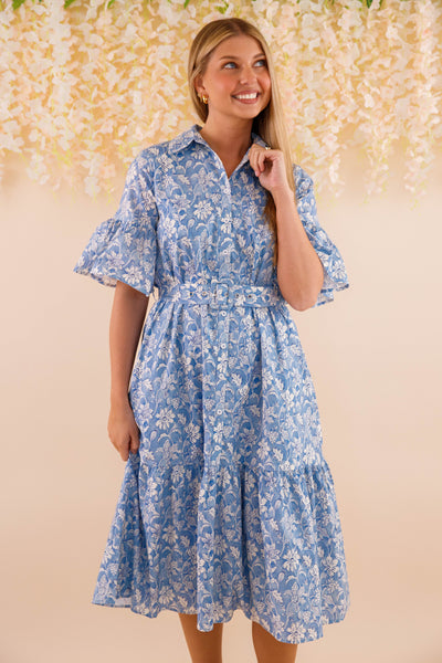 Blue and White Floral Dress- Women's Belted Midi Dress- Coastal Dresses