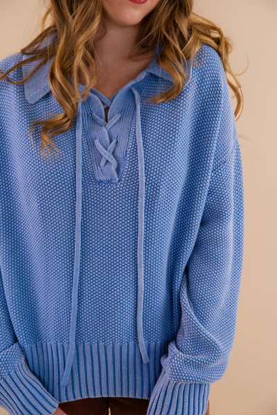 Lace Up Sweater- Textured Knit Sweater With Lace Up- Creamon Knit Lace Up Sweater