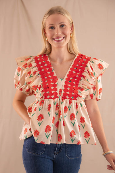 Floral Print Blouse- Women's Preppy Tops- Entro Ruffle Top