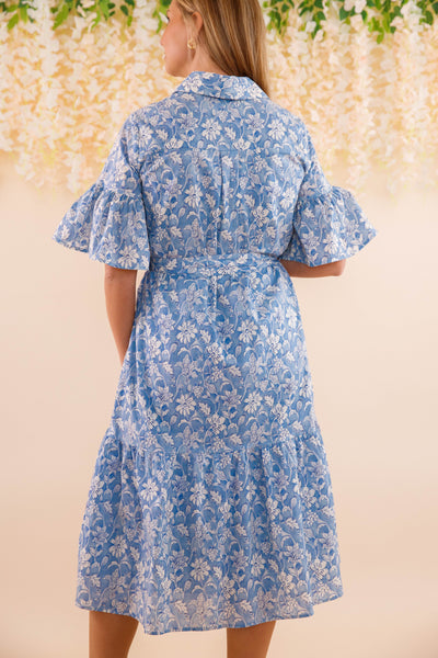 Blue and White Floral Dress- Women's Belted Midi Dress- Coastal Dresses