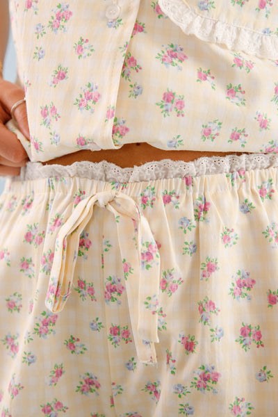 Women's Yellow Gingham Pajama Shorts- Floral Print Pajama Set- Women's Pajama Short Set