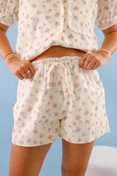 Women's Yellow Gingham Pajama Shorts- Floral Print Pajama Set- Women's Pajama Short Set