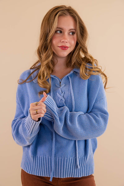 Lace Up Sweater- Textured Knit Sweater With Lace Up- Creamon Knit Lace Up Sweater
