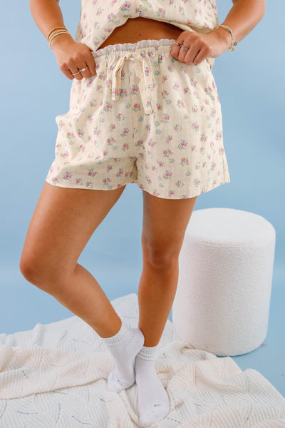Women's Yellow Gingham Pajama Shorts- Floral Print Pajama Set- Women's Pajama Short Set