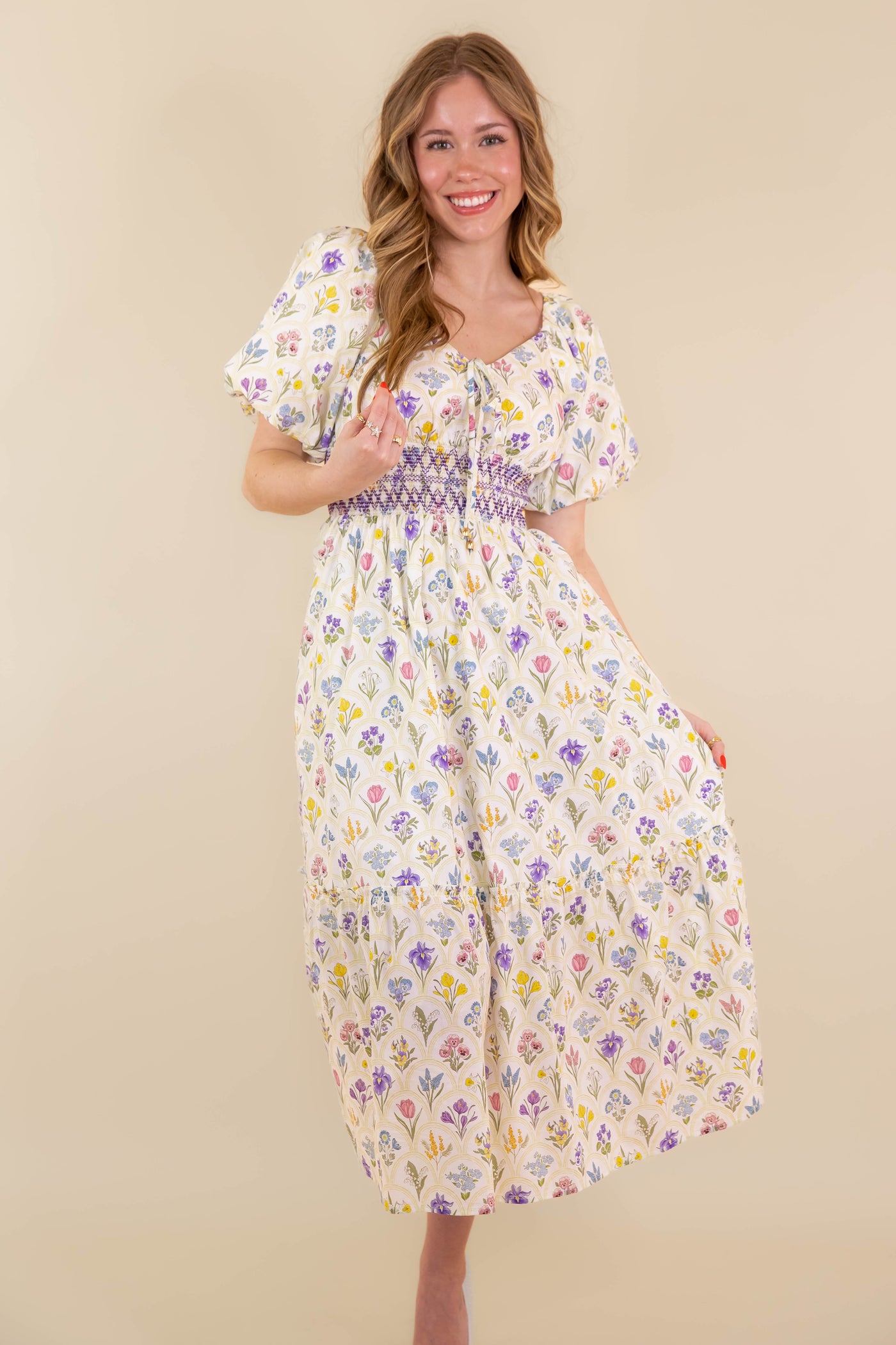 Floral Print Midi Dress- Women's Flower Print Dress- Entro Dresses