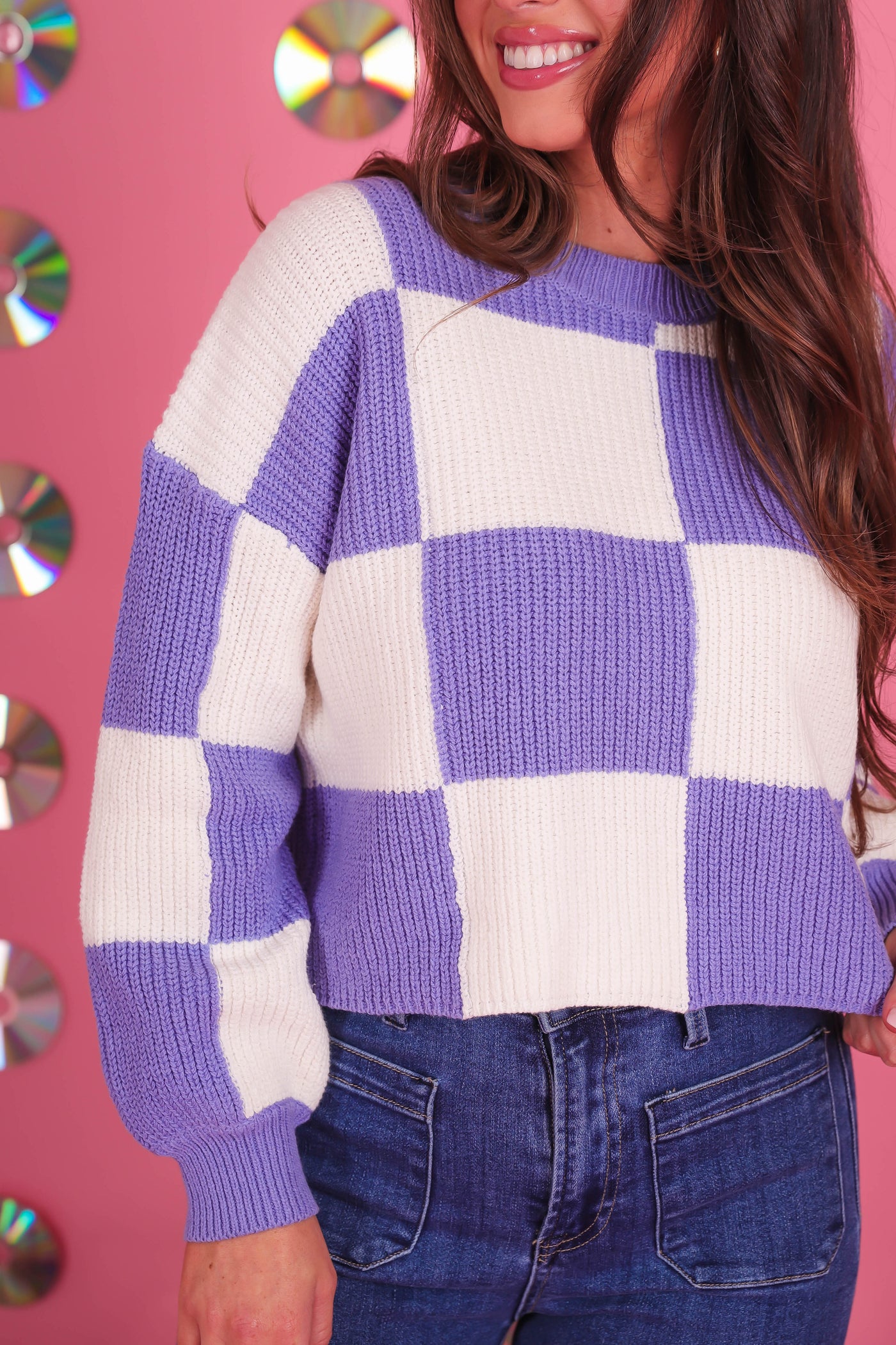Women's Checkered Sweater- Women's Trendy Sweaters- Fun Check Sweater