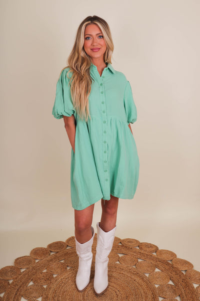 Mint Green Button Down Dress- Mint Cotton Dress- Women's Puff Sleeve Dress
