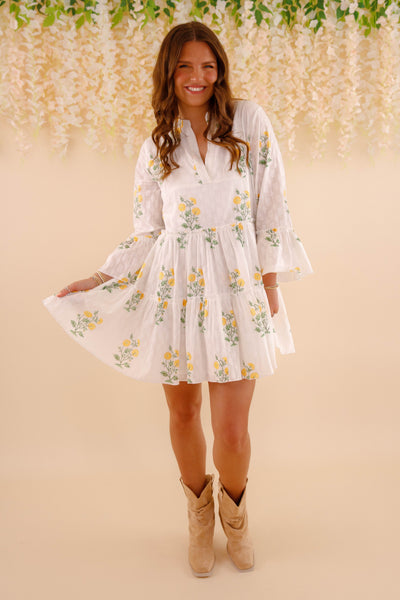 Women's White Cotton Floral Mini Dress- Women's Spring Summer Dresses- Yellow and Green Flower Dress