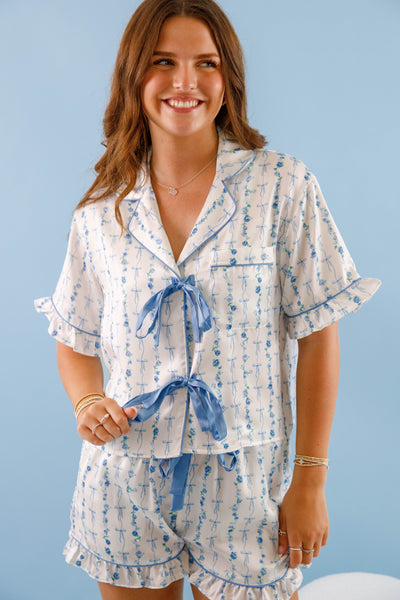 Women's Blue Bow Pajama Top- Floral Print Pajama Set- Women's Satin Pajama Short Set