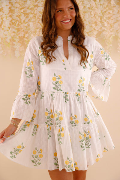 Women's White Cotton Floral Mini Dress- Women's Spring Summer Dresses- Yellow and Green Flower Dress