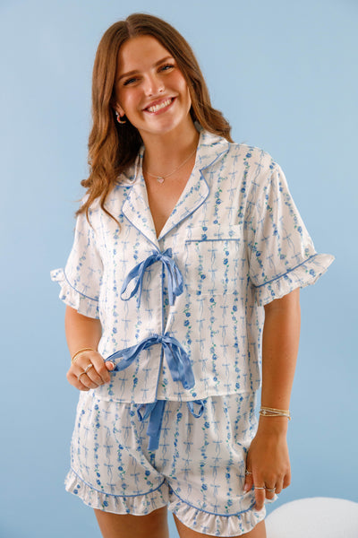 Women's Blue Bow Pajama Top- Floral Print Pajama Set- Women's Satin Pajama Short Set