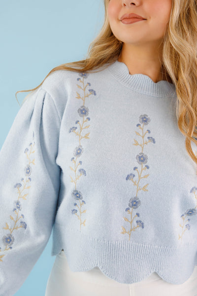 Baby Blue Scallop Sweater- Floral Embroidered Sweater- Women's Blue Flower Sweater