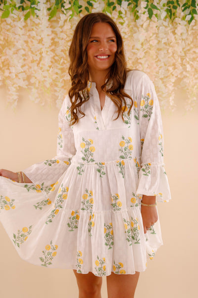 Women's White Cotton Floral Mini Dress- Women's Spring Summer Dresses- Yellow and Green Flower Dress