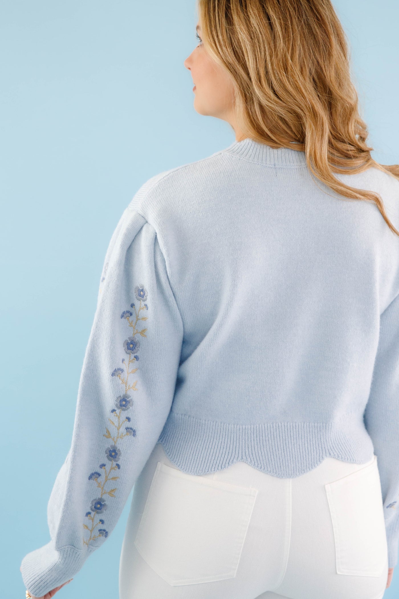 Baby Blue Scallop Sweater- Floral Embroidered Sweater- Women's Blue Flower Sweater