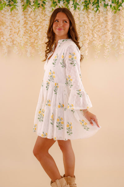 Women's White Cotton Floral Mini Dress- Women's Spring Summer Dresses- Yellow and Green Flower Dress