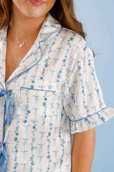 Women's Blue Bow Pajama Top- Floral Print Pajama Set- Women's Satin Pajama Short Set