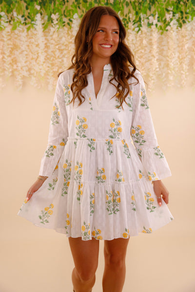 Women's White Cotton Floral Mini Dress- Women's Spring Summer Dresses- Yellow and Green Flower Dress