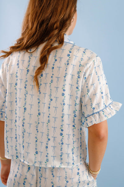 Women's Blue Bow Pajama Top- Floral Print Pajama Set- Women's Satin Pajama Short Set
