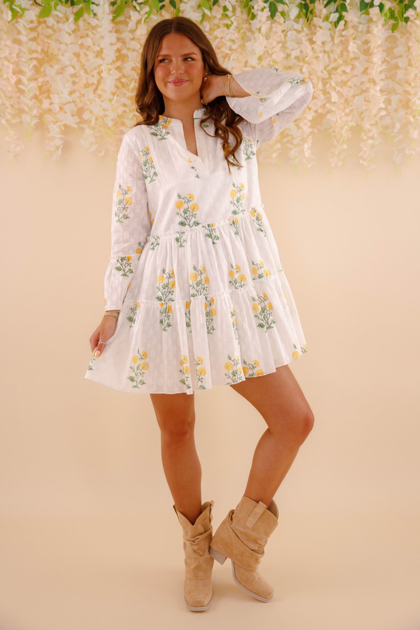 Women's White Cotton Floral Mini Dress- Women's Spring Summer Dresses- Yellow and Green Flower Dress