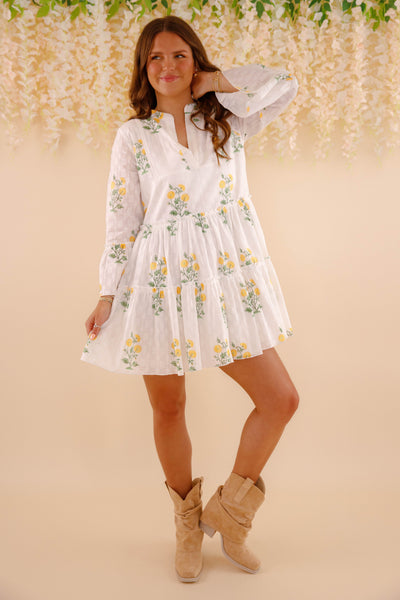 Women's White Cotton Floral Mini Dress- Women's Spring Summer Dresses- Yellow and Green Flower Dress