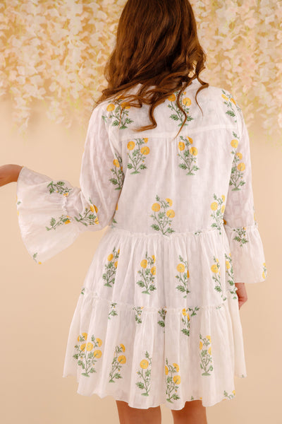 Women's White Cotton Floral Mini Dress- Women's Spring Summer Dresses- Yellow and Green Flower Dress