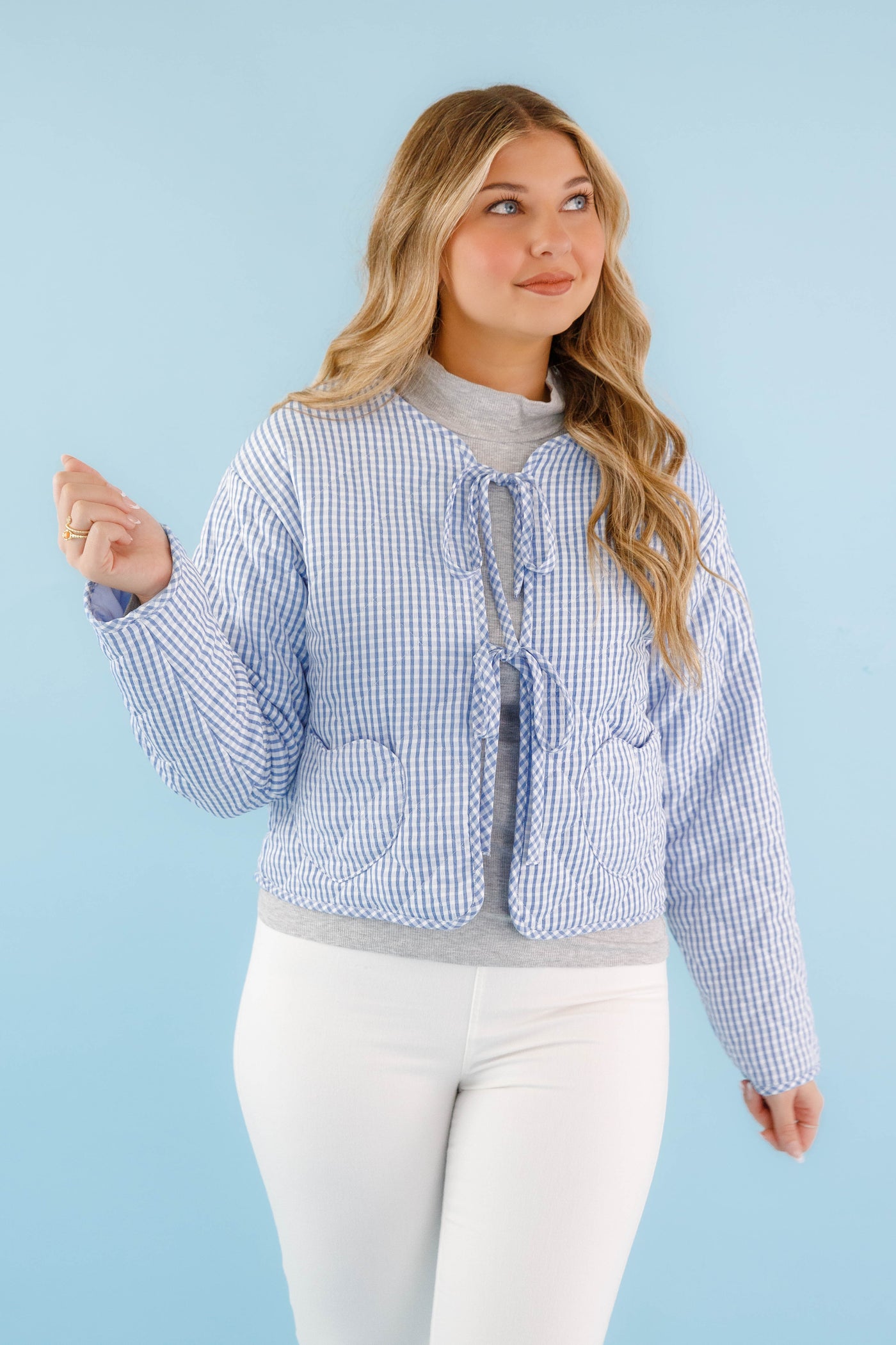 Blue and White Gingham Jacket- Women's Heart Pocket Quilted Jacket