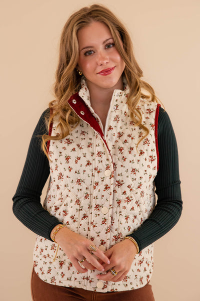 Floral Quilted Vest- Corduroy Quilted Vest- 