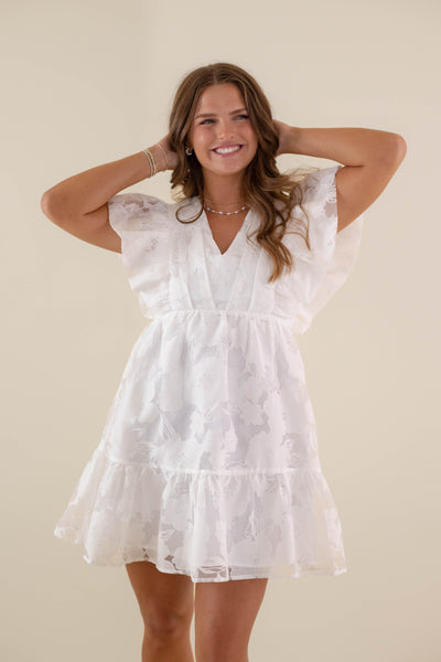 Women's Poplin Ruffle Dress- White Floral Dress- TCEC Ruffle Dress