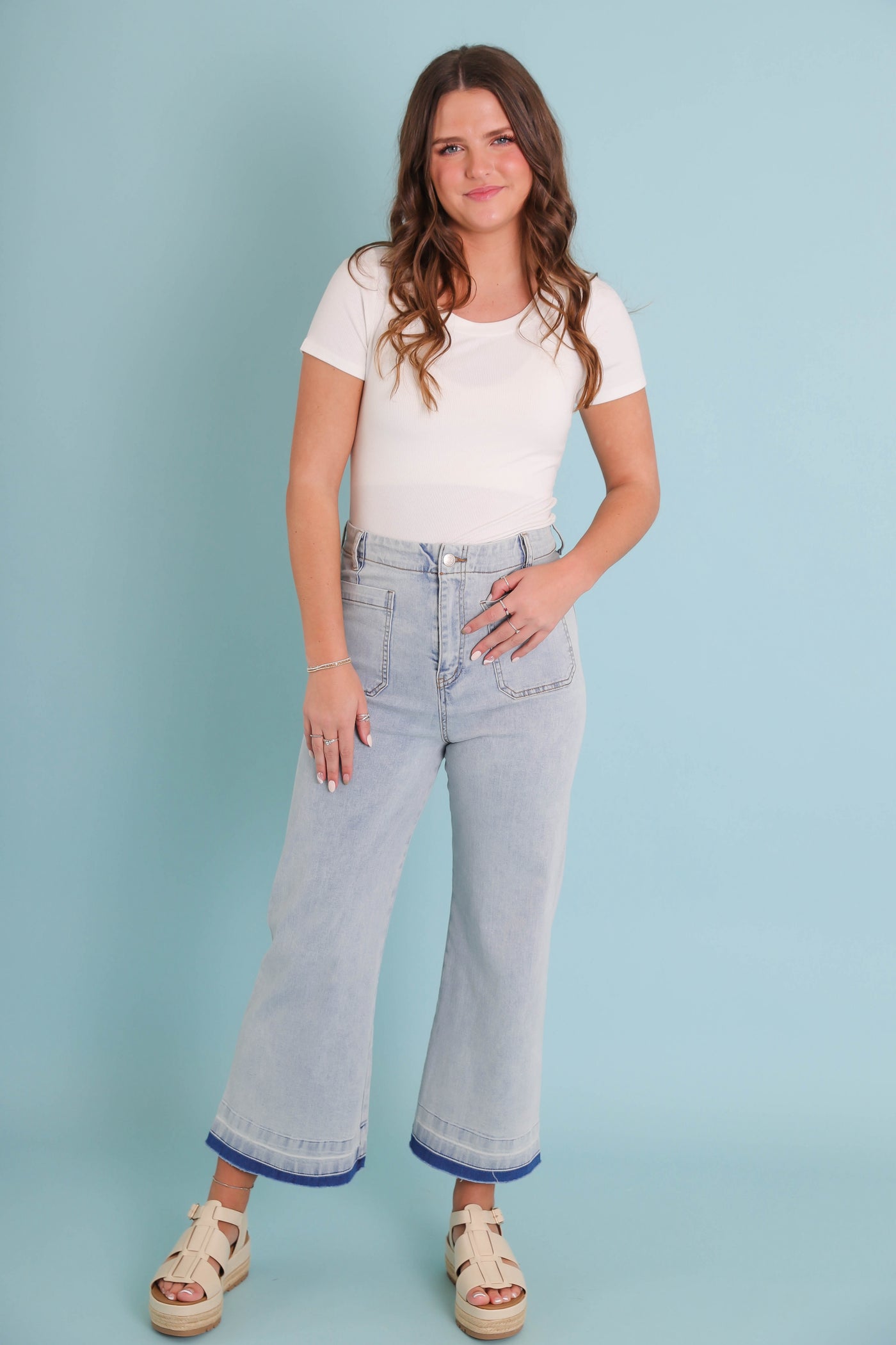 Wide Leg Light Wash Denim- Women's Raw Hem Jeans- Trendy Style Jeans