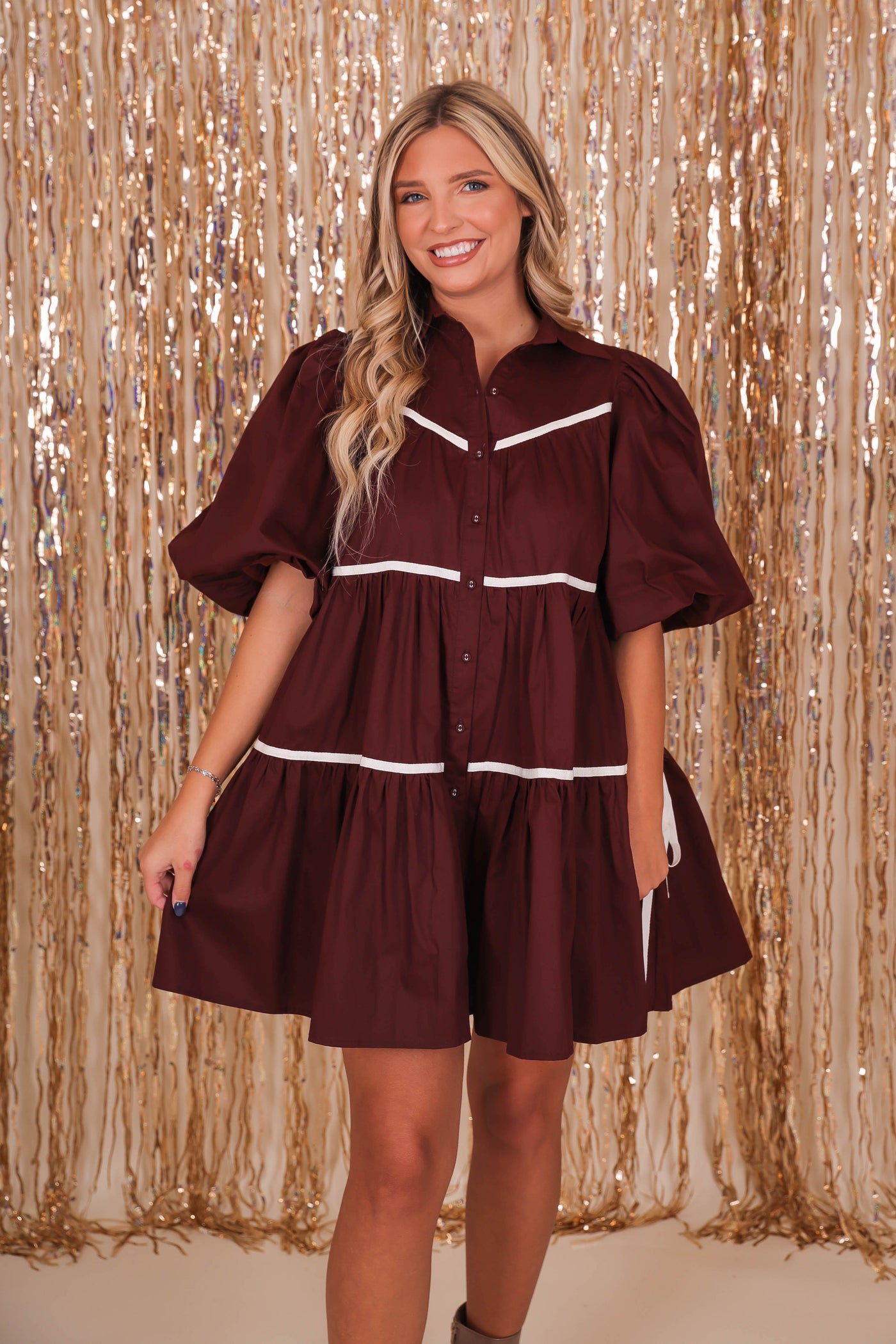 Women's Maroon Button Down Dress- Chic High End Dress with Bubble Sleeves- Sofie The Label Dress