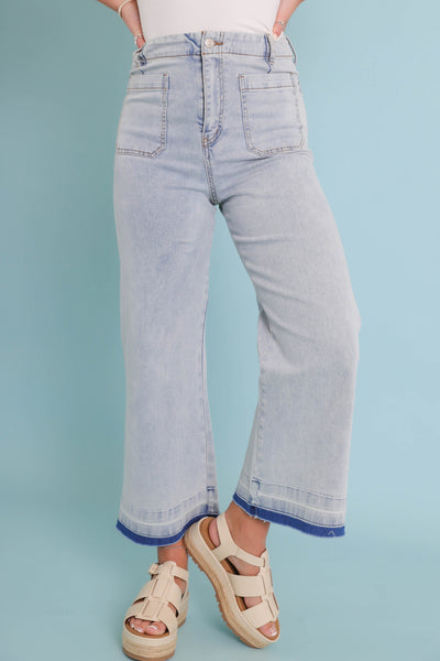 Wide Leg Light Wash Denim- Women's Raw Hem Jeans- Trendy Style Jeans