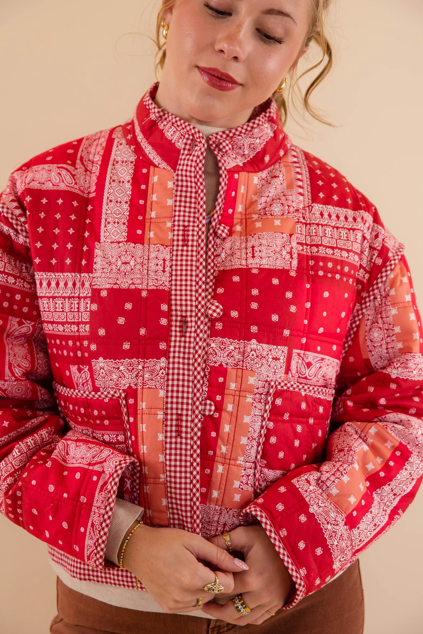 Red Bandana Quilted Jacket- Bandana Patch Work Quilted Jacket- &Merci Red Quilted Jacket