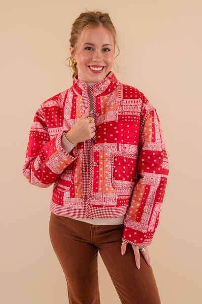 Red Bandana Quilted Jacket- Bandana Patch Work Quilted Jacket- &Merci Red Quilted Jacket