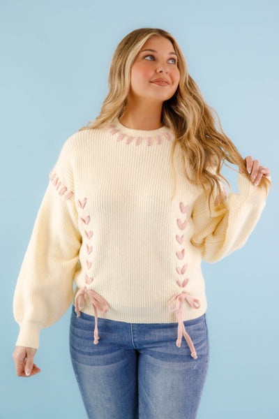 Lace-up Ribbon Sweater- Women's Blush Pink Ribbon Sweater- Ivory Knit Sweater