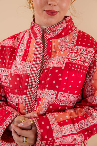 Red Bandana Quilted Jacket- Bandana Patch Work Quilted Jacket- &Merci Red Quilted Jacket