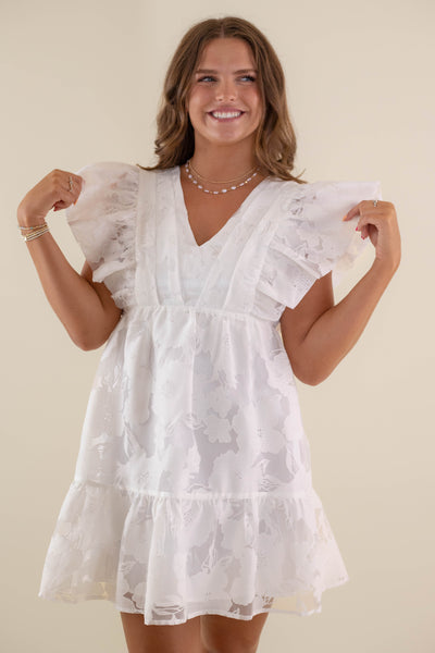 Women's Poplin Ruffle Dress- White Floral Dress- TCEC Ruffle Dress