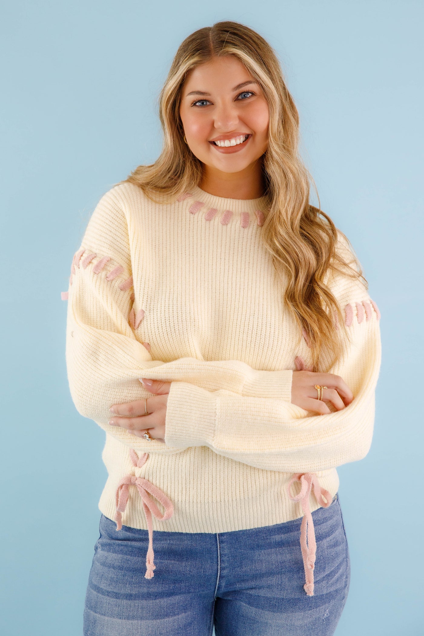 Lace-up Ribbon Sweater- Women's Blush Pink Ribbon Sweater- Ivory Knit Sweater