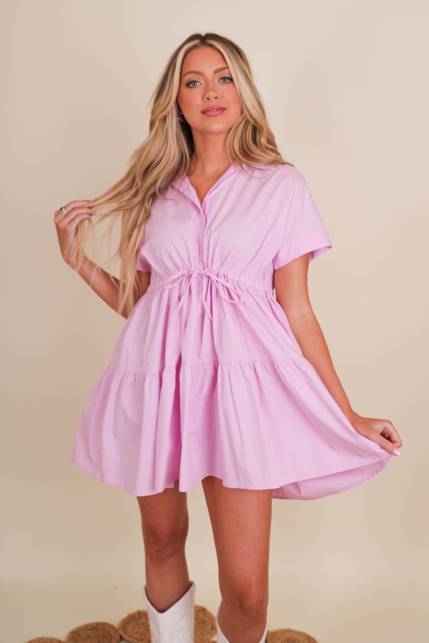 Women's Purple Cotton Dress- Women's Drawstring Waistband Dress- HYFVE Dresses