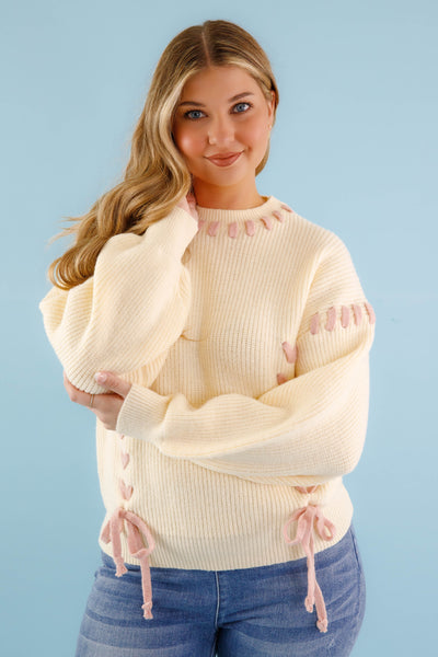 Lace-up Ribbon Sweater- Women's Blush Pink Ribbon Sweater- Ivory Knit Sweater