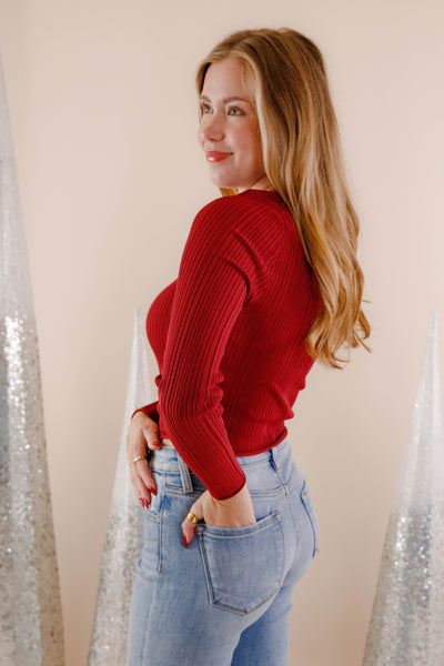 Women's Ribbed Knit Top- Burgundy Sweater Top- Women's Basic Fall Tops