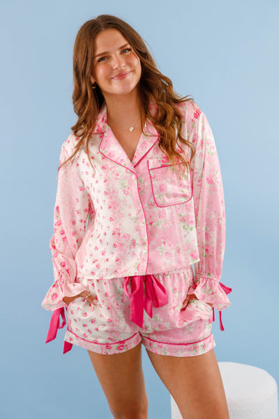 Women's Pink Bow Pajama Top- Floral Print Pajama Set- Women's Satin Pajama Short Set