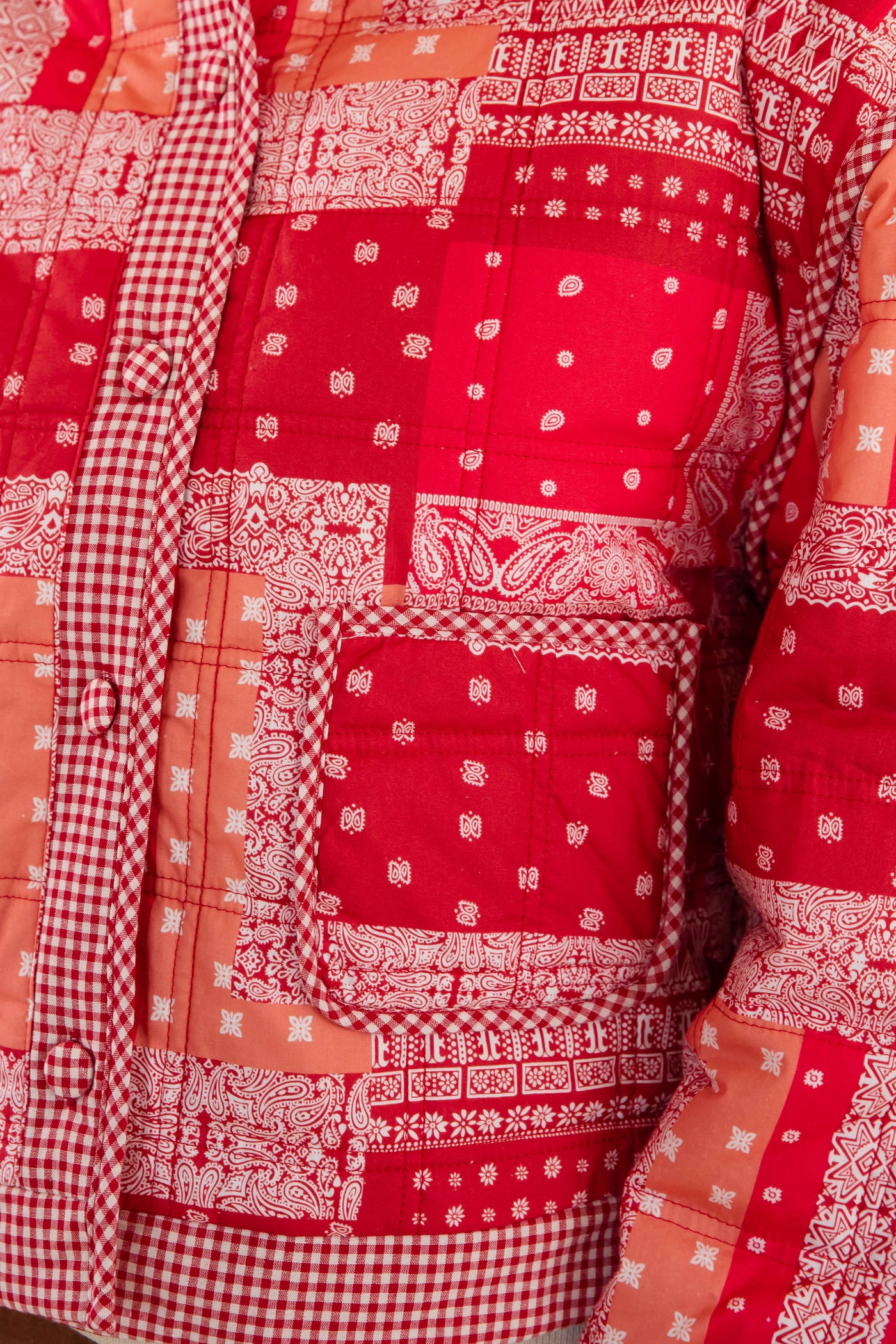 Red Bandana Quilted Jacket- Bandana Patch Work Quilted Jacket- &Merci Red Quilted Jacket