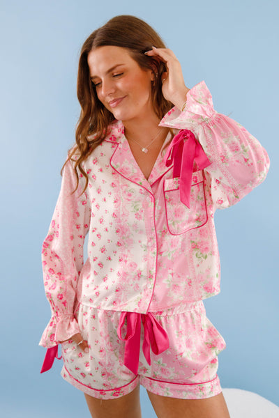 Women's Pink Bow Pajama Top- Floral Print Pajama Set- Women's Satin Pajama Short Set