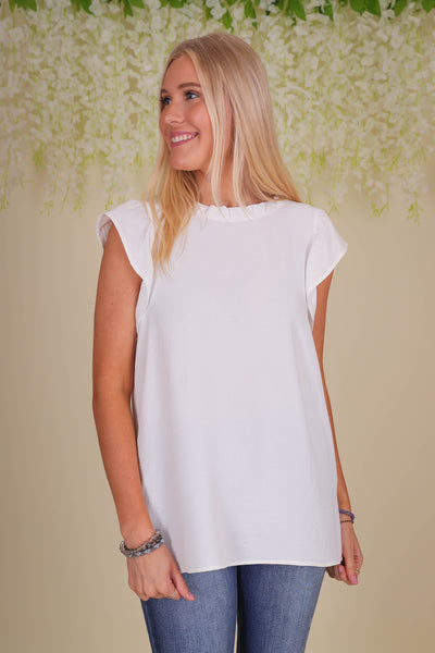 Women's White Ruffle Blouse- Women's Work Wear Tops- Women's Classic White Tops
