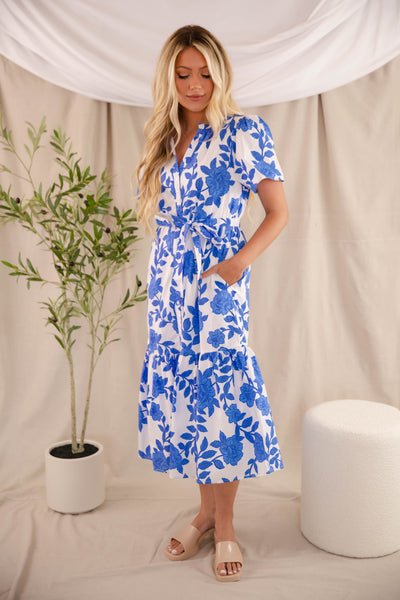 Blue Floral Button Up Midi Dress- Women's Modest Midi Dresses- SugarLips Midi Dress